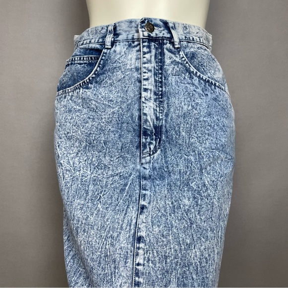 Vintage 80s Denim Skirt Lace Trim Acid Wash Retro Jean Skirt Pencil Cotton - Picture 3 of 16